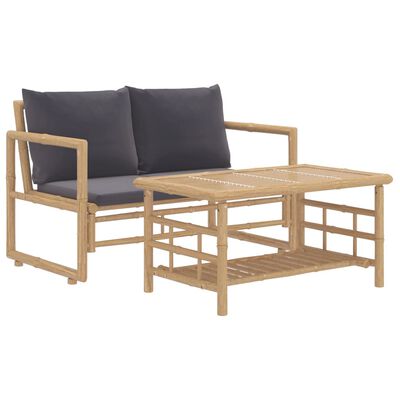 vidaXL 2pcs conj. lounge de jardim bambu c/ almofadões cinzento-escuro