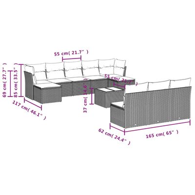 vidaXL 11 pcs conjunto sofás de jardim c/ almofadões vime PE cinzento