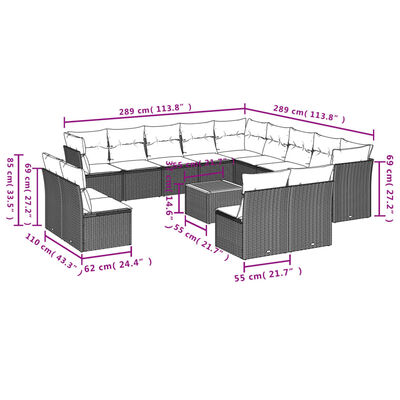 vidaXL 14 pcs conjunto de sofás p/ jardim c/ almofadões vime PE preto