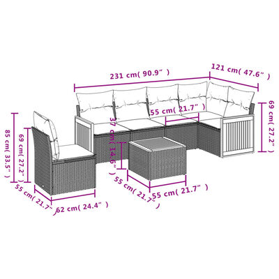 vidaXL 7 pcs conjunto sofás p/ jardim c/ almofadões vime PE cinzento