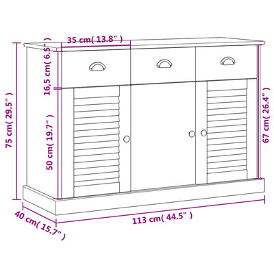 vidaXL Aparador com gavetas VIGO 113x40x75 cm pinho maciço cinzento