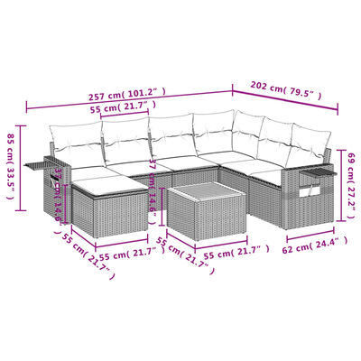 vidaXL 8 pcs conjunto sofás de jardim com almofadões vime PE preto