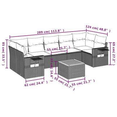 vidaXL 8 pcs conjunto sofás de jardim com almofadões vime PE preto