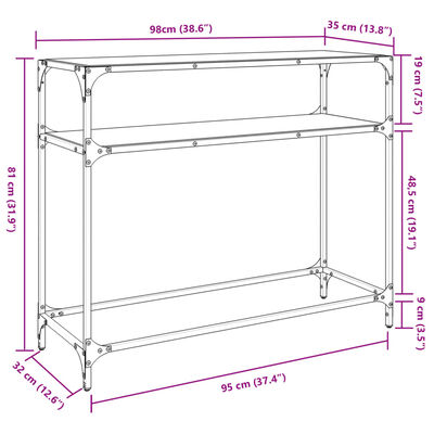 vidaXL Mesa consola com tampo em vidro transparente 98x35x81 cm aço