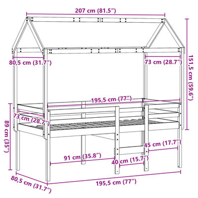 vidaXL Cama alta com telhado 75x190 cm pinho maciço