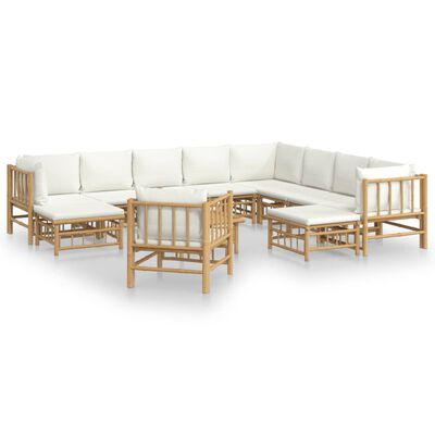 vidaXL 12pcs conjunto lounge de jardim bambu c/ almofadões branco nata