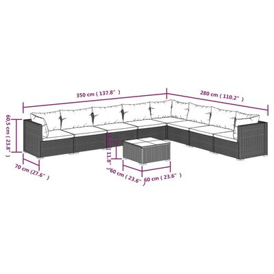 vidaXL 9 pcs conjunto lounge de jardim c/ almofadões vime PE castanho