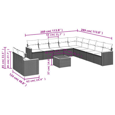 vidaXL 12 pcs conjunto de sofás de jardim c/ almofadões vime PE preto