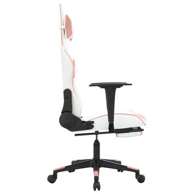 vidaXL Cadeira gaming massagens c/ apoio pés couro artif. branco/rosa