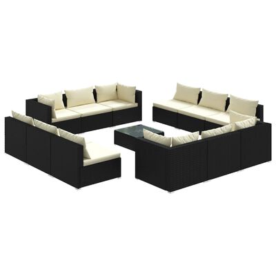 vidaXL 13 pcs conjunto lounge de jardim c/ almofadões vime PE preto