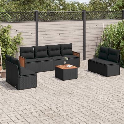 vidaXL 9 pcs conjunto de sofás p/ jardim c/ almofadões vime PE preto