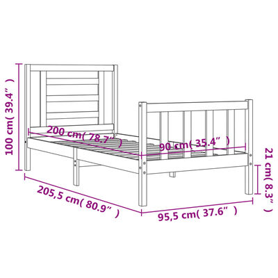 vidaXL Estrutura de cama com cabeceira 90x200 cm madeira maciça preto