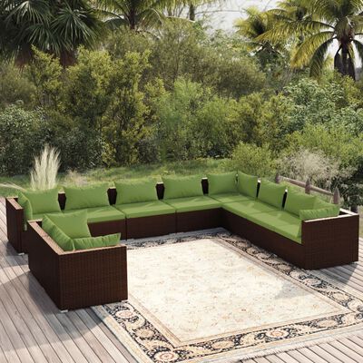 vidaXL 10 pcs conjunto lounge jardim c/ almofadões vime PE castanho