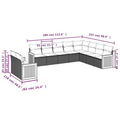 vidaXL 10 pcs conjunto sofás de jardim c/ almofadões vime PE cinzento