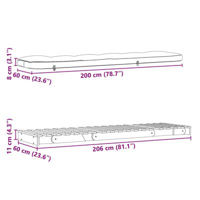 vidaXL Sofá-cama futon com colchão 60x206x11 cm madeira douglas maciça