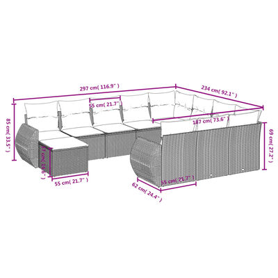 vidaXL 11 pcs conjunto sofás de jardim c/ almofadões vime PE preto