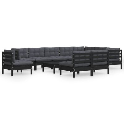 vidaXL 11 pcs conjunto lounge jardim c/ almofadões pinho maciço preto