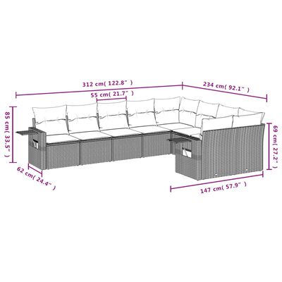 vidaXL 9 pcs conjunto sofás p/ jardim c/ almofadões vime PE castanho