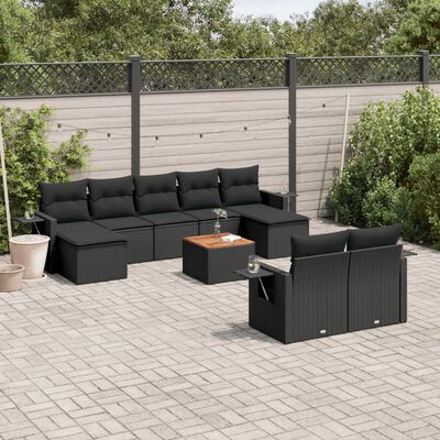 vidaXL 10 pcs conjunto sofás de jardim c/ almofadões vime PE preto