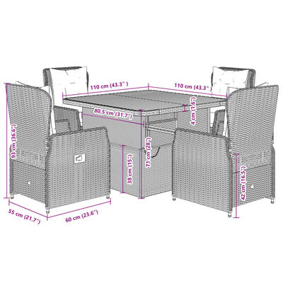 vidaXL 5 pcs conjunto de jantar p/ jardim c/ almofadões vime PE preto