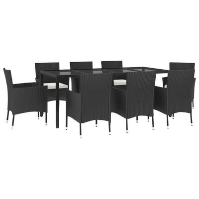 vidaXL 9 pcs conjunto de jantar p/ jardim c/ almofadões vime PE preto