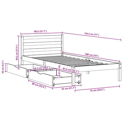 vidaXL Cama sem colchão 75x190 cm madeira de pinho maciça branco