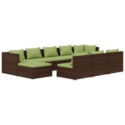 vidaXL 10 pcs conjunto lounge jardim c/ almofadões vime PE castanho