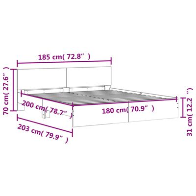 vidaXL Estrutura cama c/ cabeceira/luzes LED 180x200cm cinzento sonoma