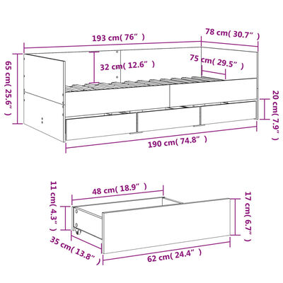 vidaXL Sofá-cama com gavetas sem colchão 75x190 cm carvalho sonoma