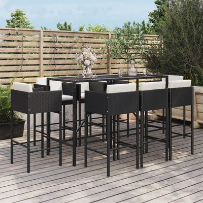 vidaXL 9 pcs conjunto de bar para jardim c/ almofadões vime PE preto