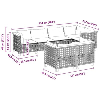 vidaXL 7 pcs conjunto de sofás p/ jardim c/ almofadões vime PE preto