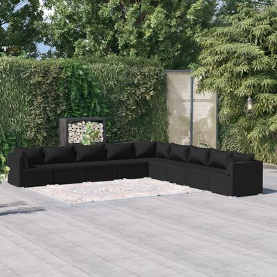 vidaXL 9 pcs conjunto lounge de jardim c/ almofadões vime PE preto