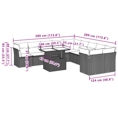 vidaXL 11 pcs conjunto sofás de jardim c/ almofadões vime PE cinzento