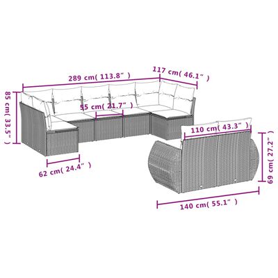 vidaXL 9 pcs conjunto de sofás p/ jardim com almofadões vime PE bege