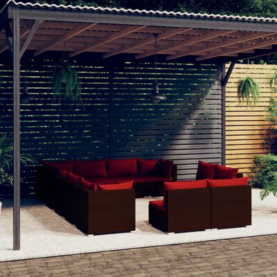 vidaXL 12 pcs conjunto lounge de jardim c/ almofadões vime PE castanho