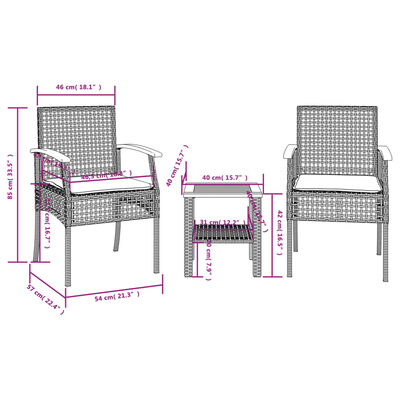 vidaXL Conjunto de bistrô com almofadões 3 pcs vime PE e acácia preto