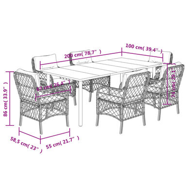 vidaXL 7 pcs conj. jantar p/ jardim c/ almofadões vime PE cinza-claro