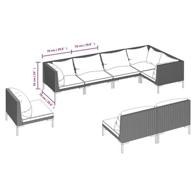 vidaXL 8 pcs conj. lounge jardim c/ almofadões vime PE cinzento-escuro