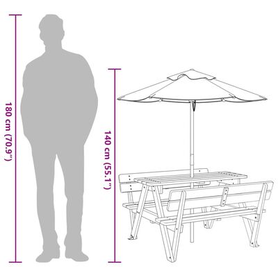 vidaXL Mesa de piquenique para 4 crianças com guarda-sol abeto maciço