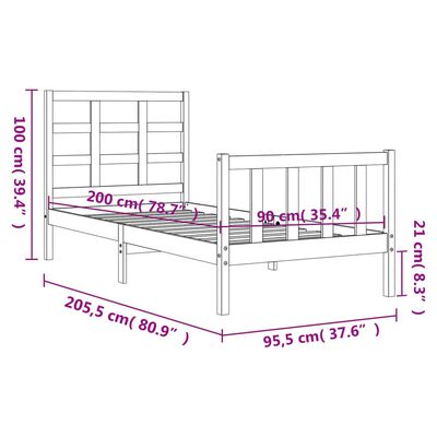 vidaXL Estrutura de cama com cabeceira 90x200 cm madeira maciça