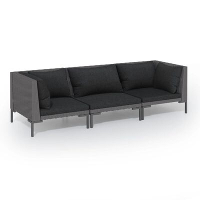 vidaXL 3 pcs conj. lounge jardim c/ almofadões vime PE cinzento-escuro