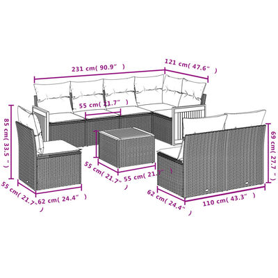 vidaXL 9 pcs conjunto de sofás p/ jardim c/ almofadões vime PE preto