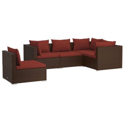 vidaXL 5 pcs conjunto lounge jardim c/ almofadões vime PE castanho