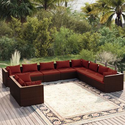 vidaXL 10 pcs conjunto lounge jardim c/ almofadões vime PE castanho