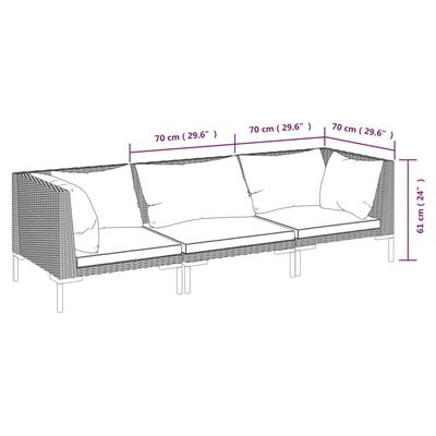 vidaXL 3 pcs conj. lounge jardim c/ almofadões vime PE cinzento-escuro