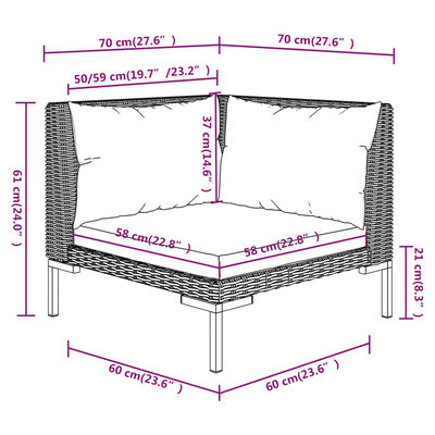 vidaXL 11pcs conj. lounge jardim c/ almofadões vime PE cinzento-escuro