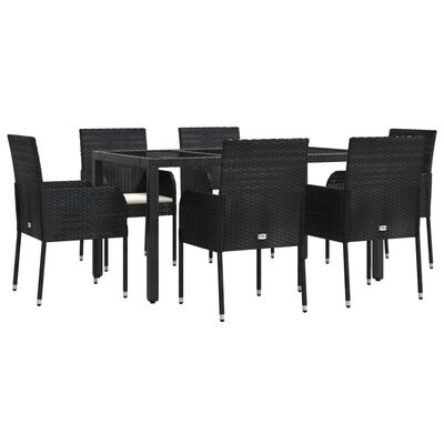 vidaXL 7 pcs conjunto de jantar p/ jardim c/ almofadões vime PE preto