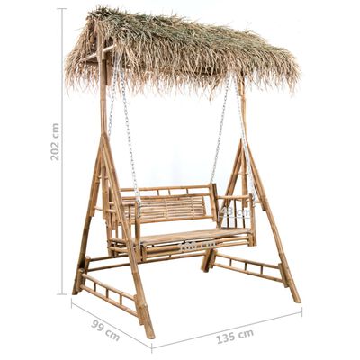 vidaXL Banco baloiço 2 lug. bambu c/ folhas palmeira e almofadão 202cm