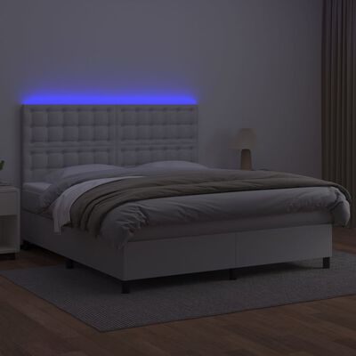 vidaXL Cama box spring c/colchão/LED 180x200cm couro artificial branco