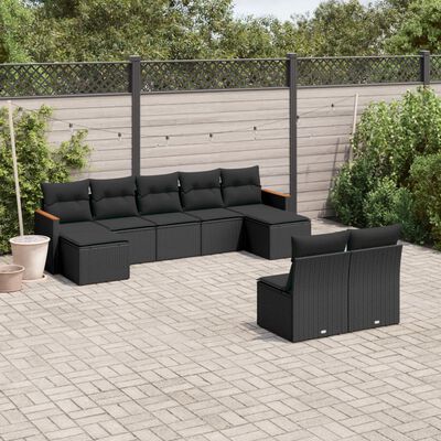 vidaXL 9 pcs conjunto de sofás p/ jardim c/ almofadões vime PE preto